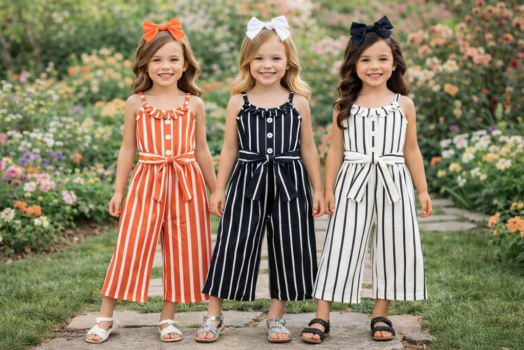 RESTOCKED! Girls/Toddler/Baby Striped Tie Waist Jumpsuit - Black, White Or Orange! Size 6 12 18 Months 2T 3T 4T 5 6 7 8 10 12 14 16 Years