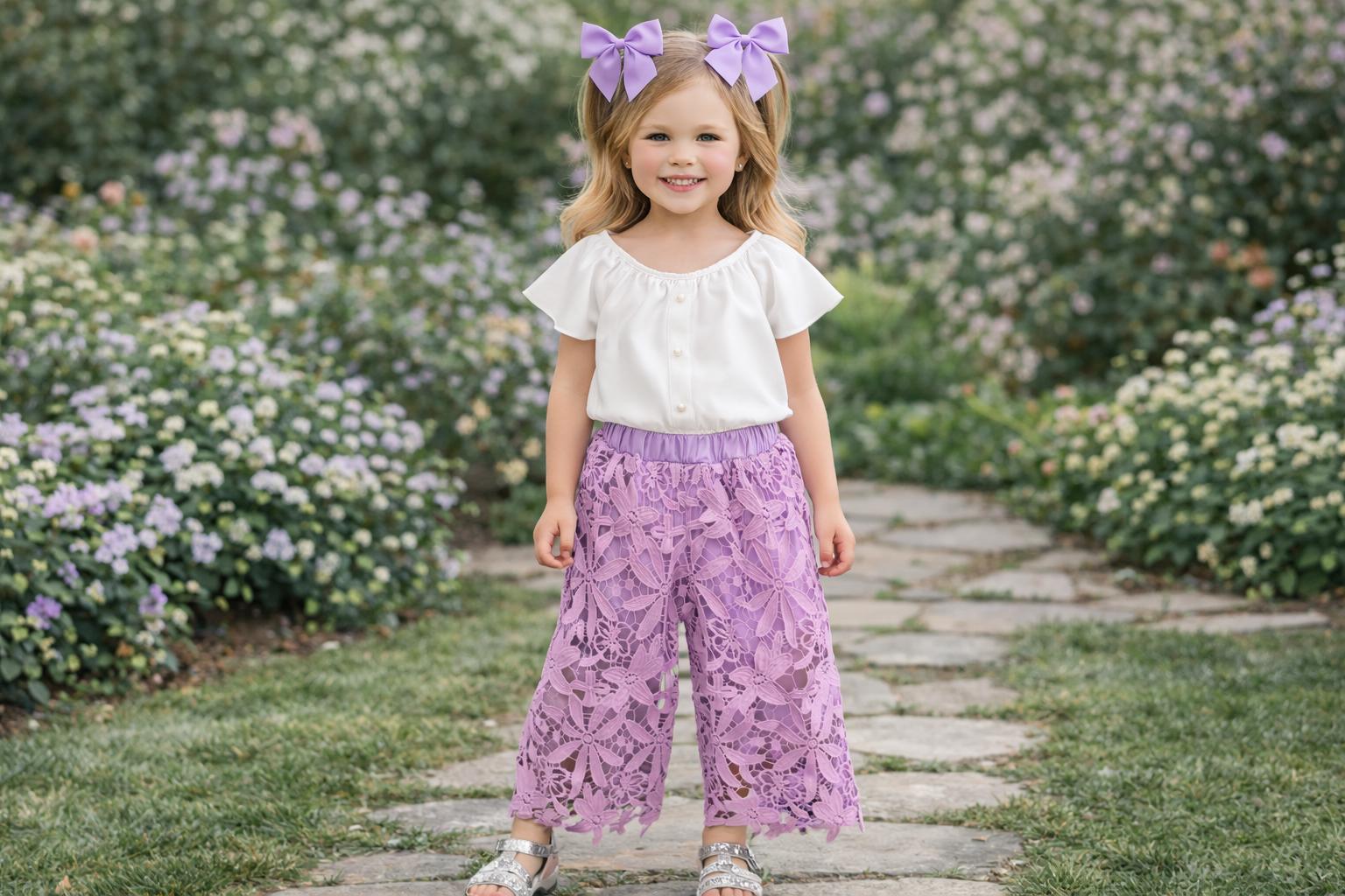 Lavender Floral Lace Baby Girl Outfit Set – Toddler Ruffle Pants & Top – Boho Spring Outfit – First Birthday, Easter, Photo Shoot Outfit