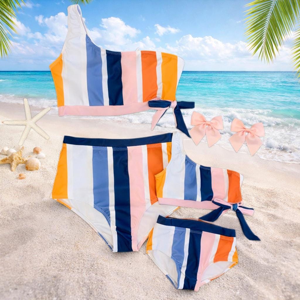 RESTOCKED! Mommy & Mini Striped One Shoulder Bikini, Matching Mother Daughter Swimsuits, 2 Piece Retro Vibes, Bathing Suits Boutique Mom Me