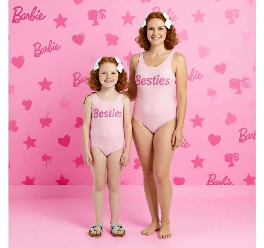 Mommy and Me Matching Swimsuits – Pink “Besties” One Piece, Mother Daughter Bathing Suit Set, Hot Pink Mom & Mini Swimwear