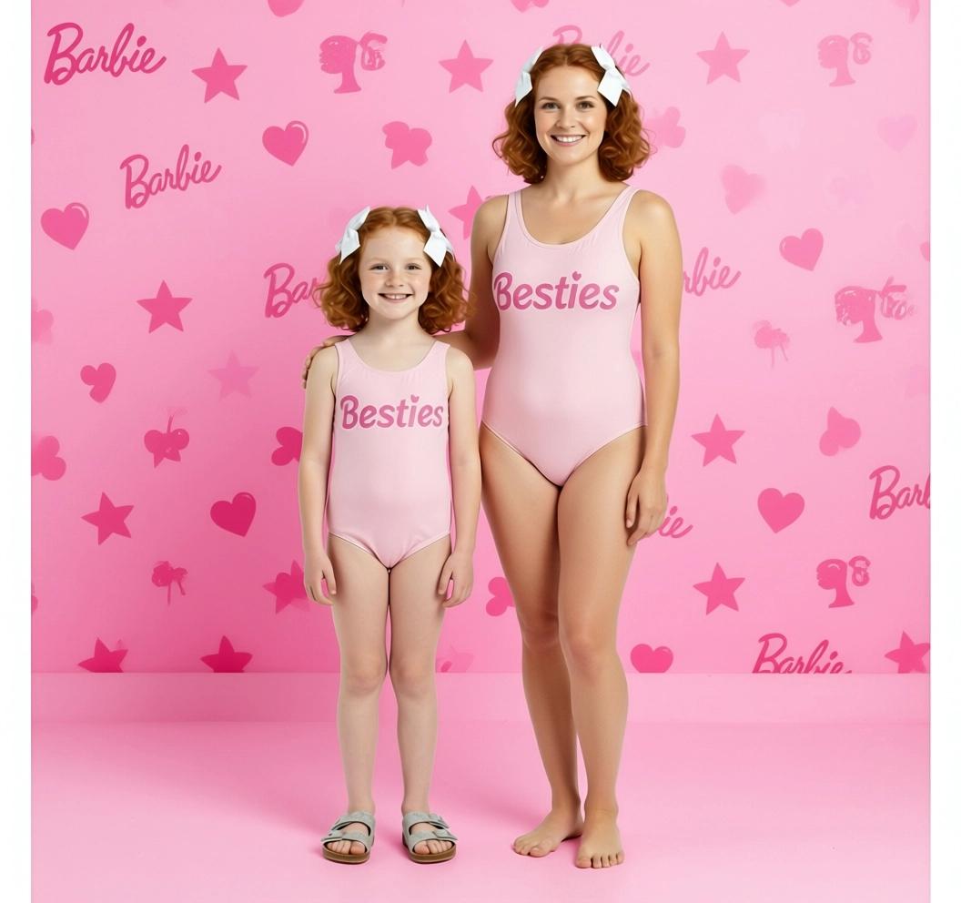 Mommy and Me Matching Swimsuits – Pink “Besties” One Piece, Mother Daughter Bathing Suit Set, Hot Pink Mom & Mini Swimwear