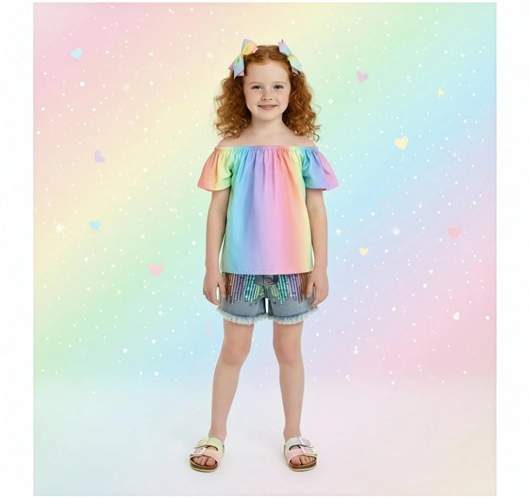 Pastel Rainbow Girls Outfit | Sequin Denim Short Set | Toddler Summer Clothes | Baby Girl Boutique Outfit | Rainbow Clothing Set