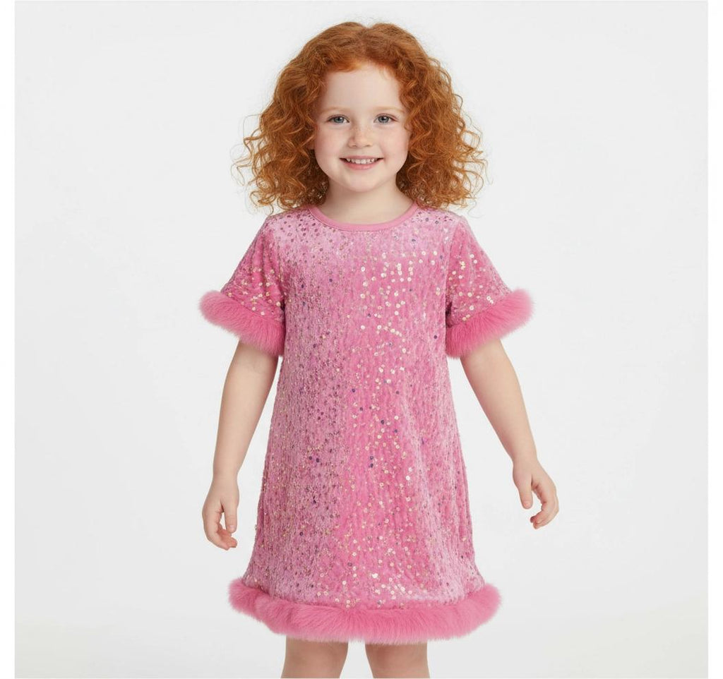 Girls Sequin Dress, Toddler Sparkle Dress, Baby Sequin Dress, Pink Purple Party Dress, Faux Fur Trim Dress, Birthday Outfit