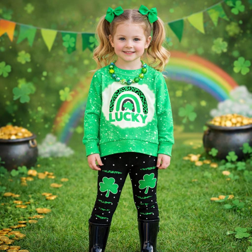 RESTOCKED! Girls/Toddler/Baby "Lucky" Green & Black Legging Set, 6 12 18 Months 2T 3T 4T 5 6 7 8 10 12 14, Ships From Utah, St Patrick's Day