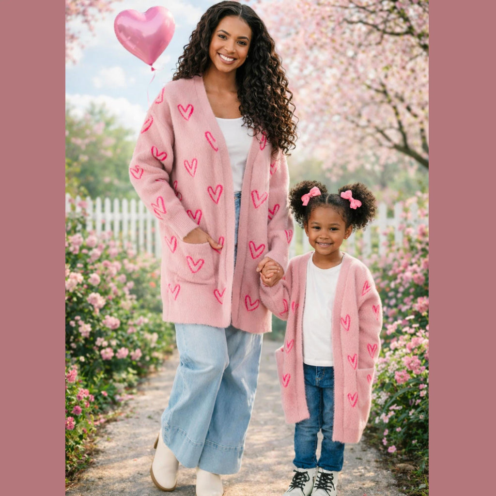 RESTOCKED! Mommy & Mini Pink Heart Cardigan, Matching Mom And Me Cardigan, Valentine's Day Outfit, Boutique Long Sleeve Sweater