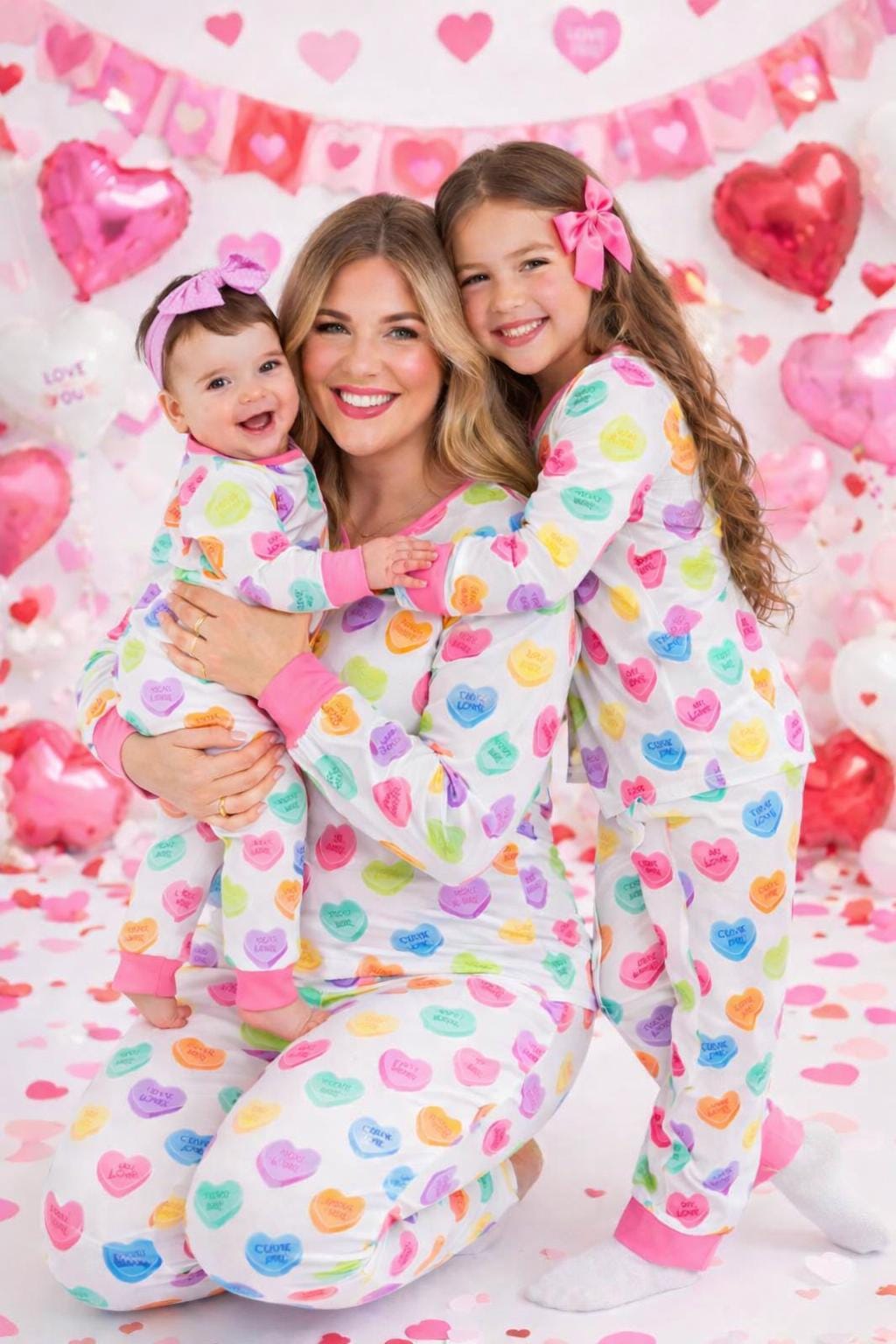 Mommy and Me Valentine's Day Pajamas, White Candy Heart Matching Family Pajamas, Mom and Mini Pajama Set, Valentine Sleepwear