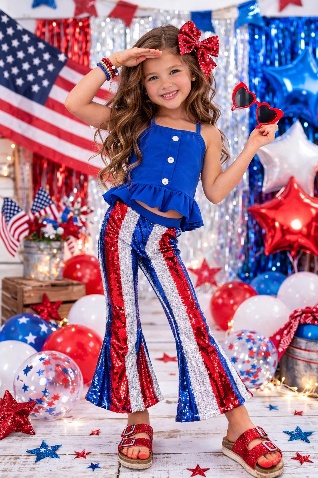 Restocked Patriotic Red White and Blue Sequin Bell Bottom Set | Blue Striped Outfit for Girls, Toddlers and Babies | Memorial Day & July 4th