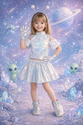 RESTOCKED! Girls Alien Costume, Toddler Alien Costume, Silver Holographic Halloween Costume, 4 Piece Extraterrestrial Dress Up Set, Toddler