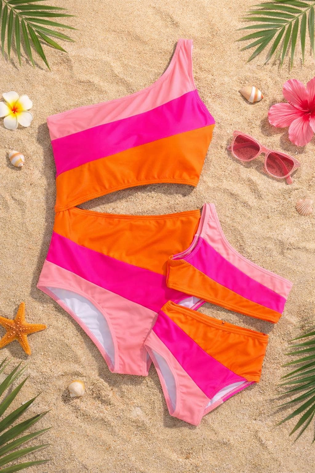 Mom and Me Pink and Orange Striped Swimsuit, Matching Family Bathing Suits, Mother Daughter Bikini, Cut Out Swimwear, Gift for Mom