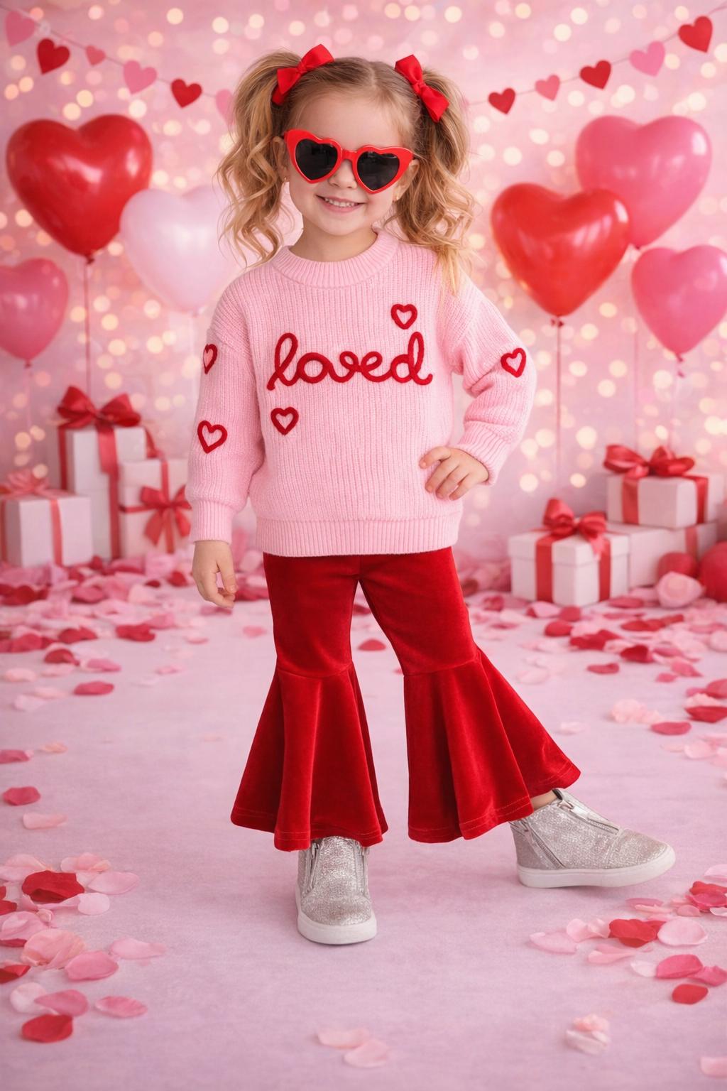 Baby Toddler Girl Valentine's Day Knit Sweater Bell Bottom Set, Heart Outfit, Valentine's Day Clothing, Girls Bell Bottom Outfit