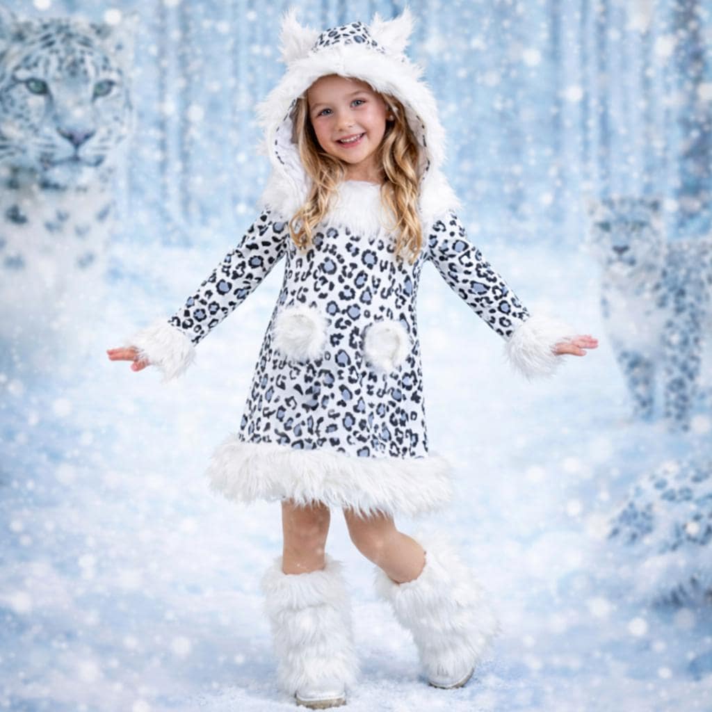 Snow Leopard Costume for Girls & Toddlers – White Leopard Print Dress, Fur Headpiece and Leg Warmers, Halloween Costume, Kids Animal Outfit