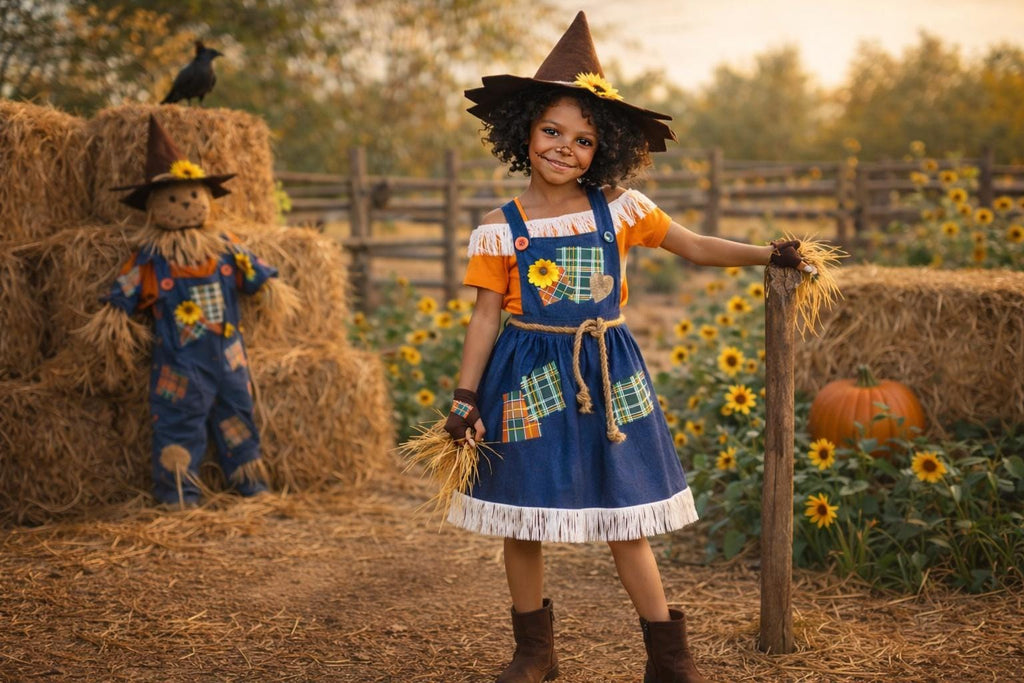 Girls Scarecrow Costume, Toddler Scarecrow Outfit, Halloween Costume, Fall Festival Costume, 5 Piece Scarecrow Set, Hat Belt Gloves