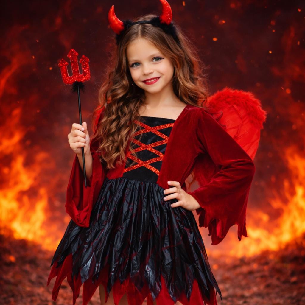 Girls Devil Costume Set – Red Black Dress, Wings, Pitchfork & Headband, Toddler to Tween Halloween Outfit, Cute Little Devil Costume