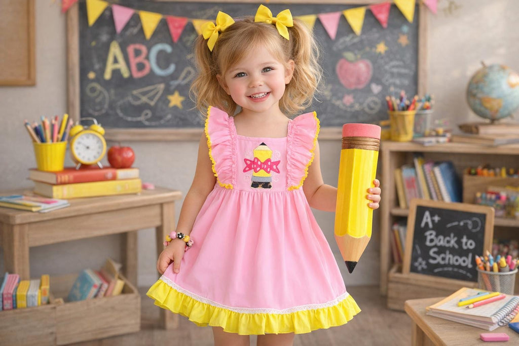 Girls Pink Pencil Dress with Ruffle Sleeves, Back to School Outfit, First Day of School Dress, Preschool Toddler Dress, Sizes 3T–16