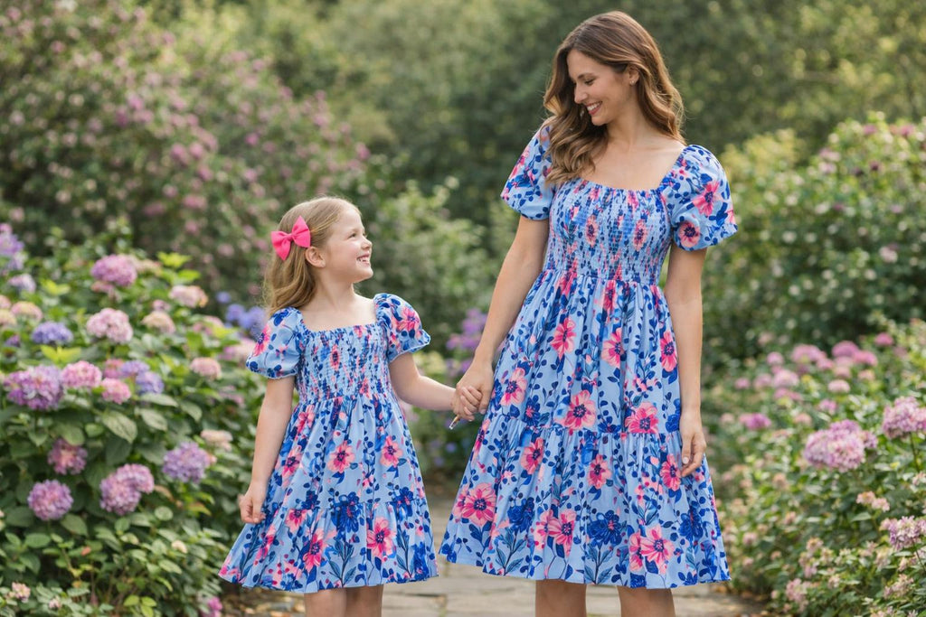 Mommy and Me Matching Blue & Pink Floral Dress – Mother Daughter Outfit, Family Matching Dresses