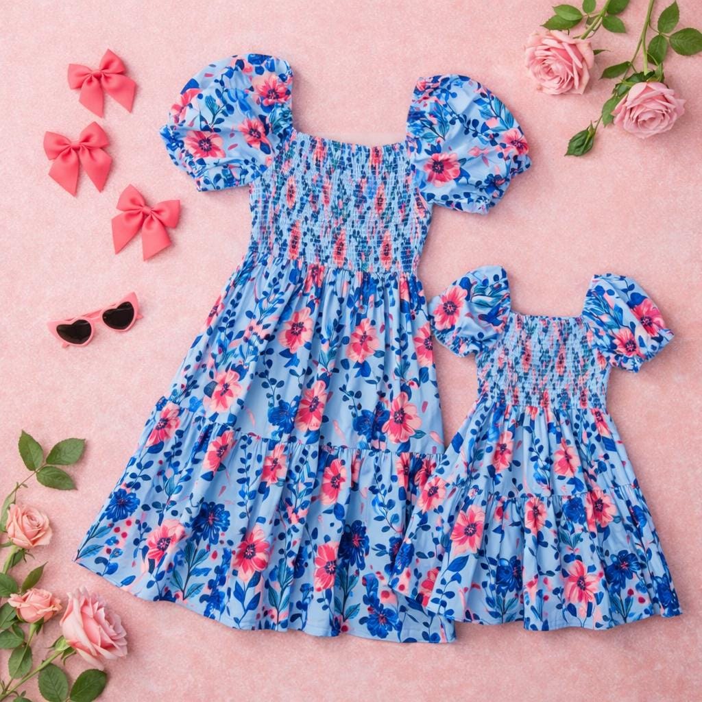 Mommy and Me Matching Blue & Pink Floral Dress – Mother Daughter Outfit, Family Matching Dresses
