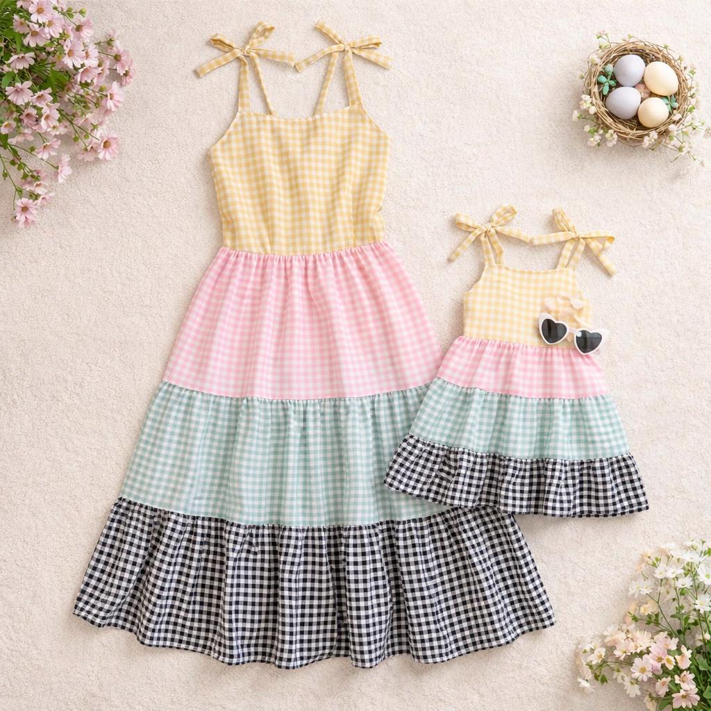 Mommy & Me Pastel Gingham Dress Set – Sleeveless Spring Matching Outfits for Mom and Daughter – Easter Family Look (Yellow, Pink, Blue, Blac
