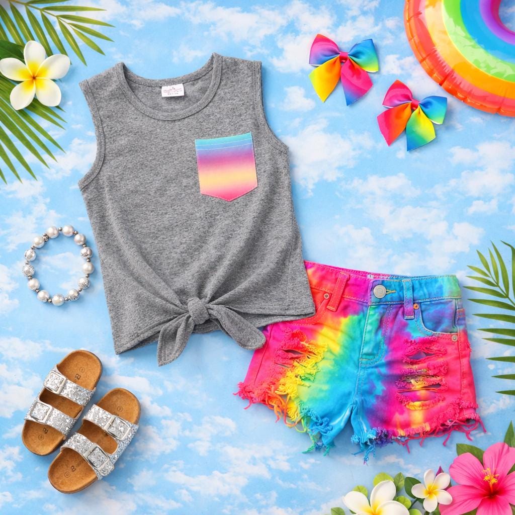 Gray & Rainbow Denim Short Set for Girls, Toddlers and Babies – Colorful Two-Piece Outfit