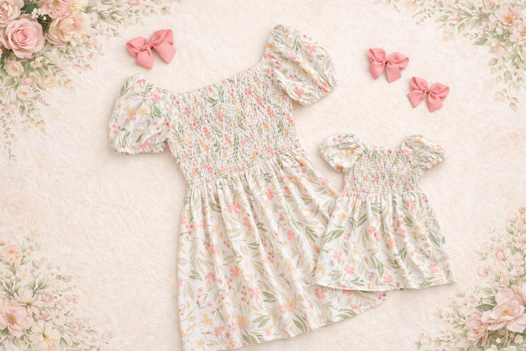 Mom & Me Matching White Floral Dress – Smocked Bodice – Mommy and Me Outfit – Family Photos Dress
