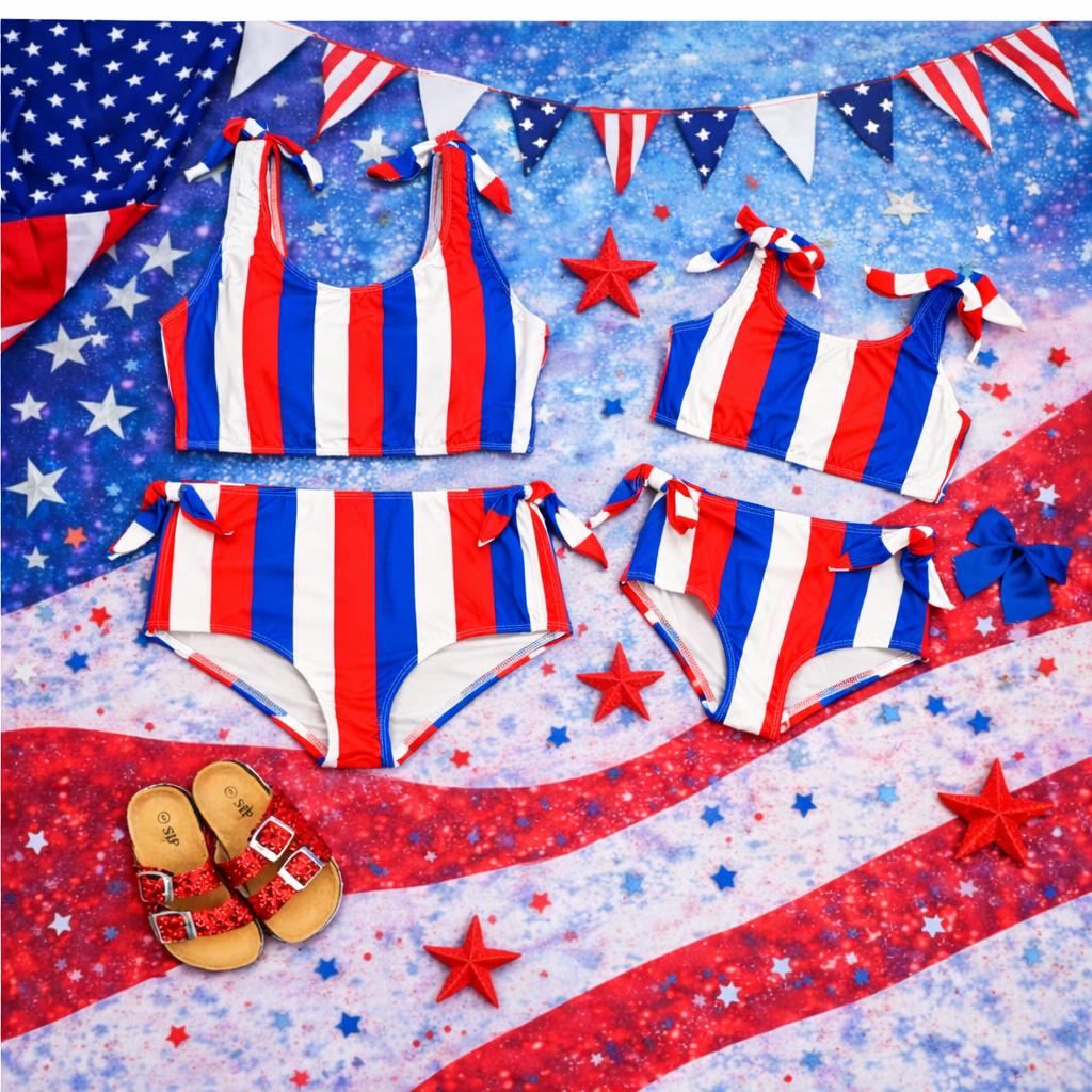 Mommy and Me 4th of July Bikini Set, Red White Blue Striped Swimsuit, USA Stars and Stripes Matching Mom Daughter Swimwear