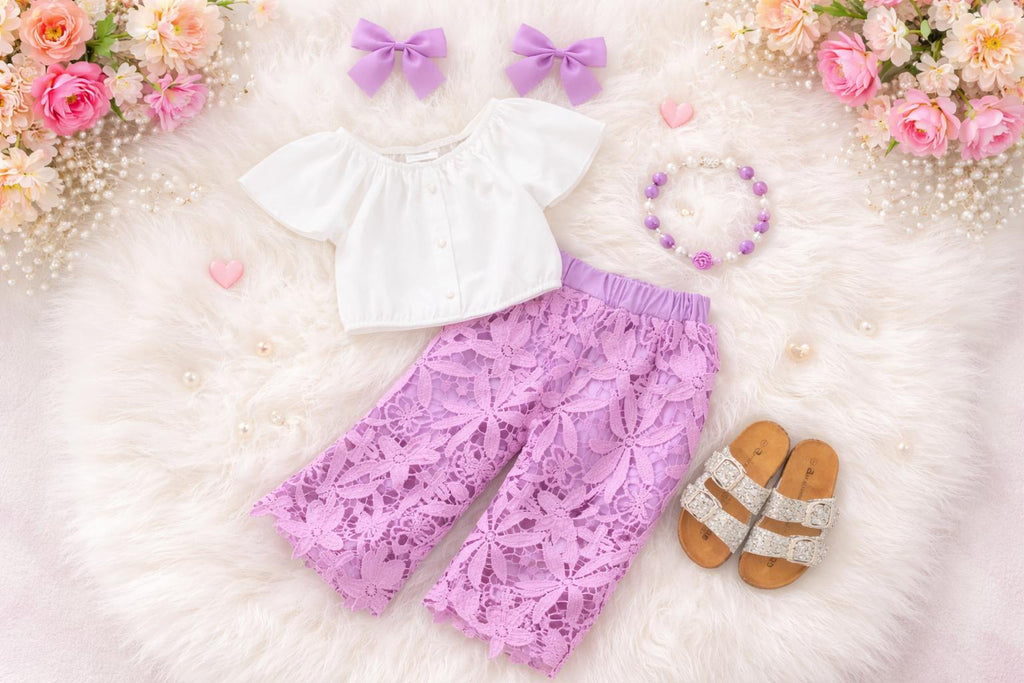 Lavender Floral Lace Baby Girl Outfit Set – Toddler Ruffle Pants & Top – Boho Spring Outfit – First Birthday, Easter, Photo Shoot Outfit