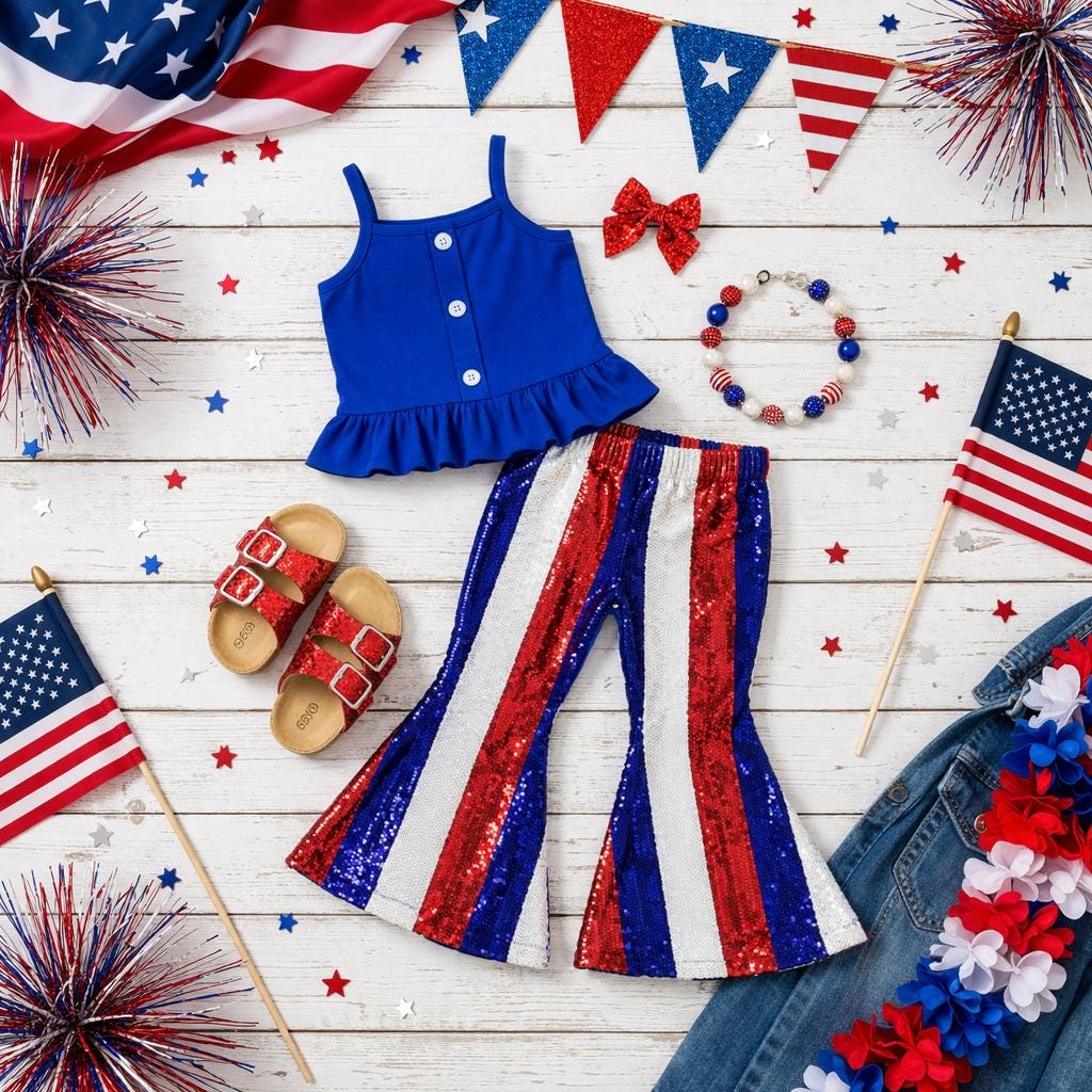 Restocked Patriotic Red White and Blue Sequin Bell Bottom Set | Blue Striped Outfit for Girls, Toddlers and Babies | Memorial Day & July 4th