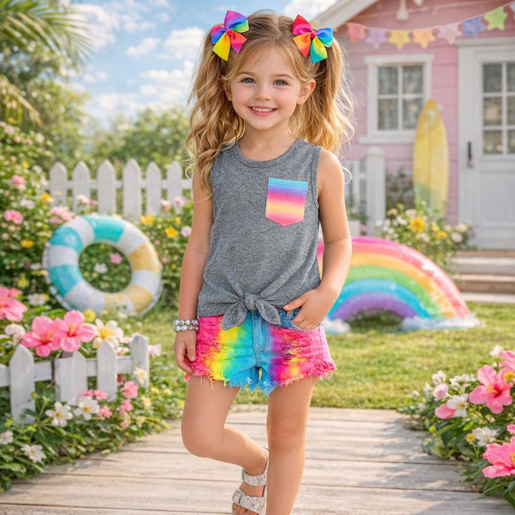 Gray & Rainbow Denim Short Set for Girls, Toddlers and Babies – Colorful Two-Piece Outfit