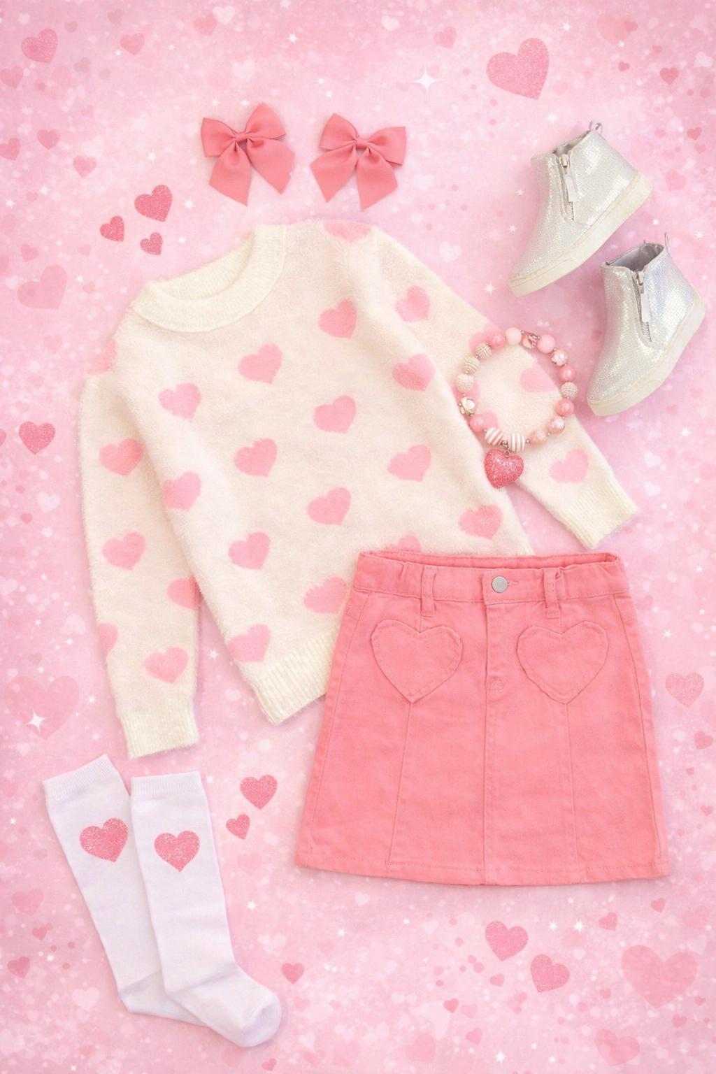 Restocked Pink & White Heart Denim Skirt Set for Girls and Toddlers – Valentine’s Day Outfit