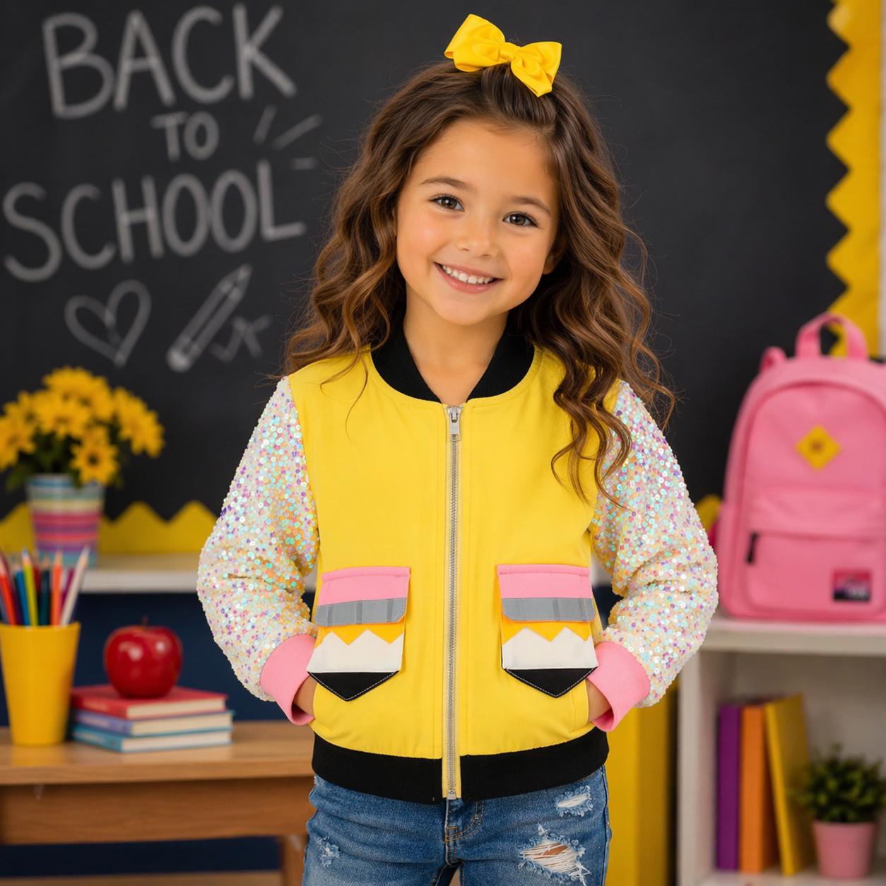 Girls Pencil Jacket – Yellow Sequin Sleeve Back to School Outfit – Toddler & Kids Bomber Jacket – Cute School Outfit 3T–16Y
