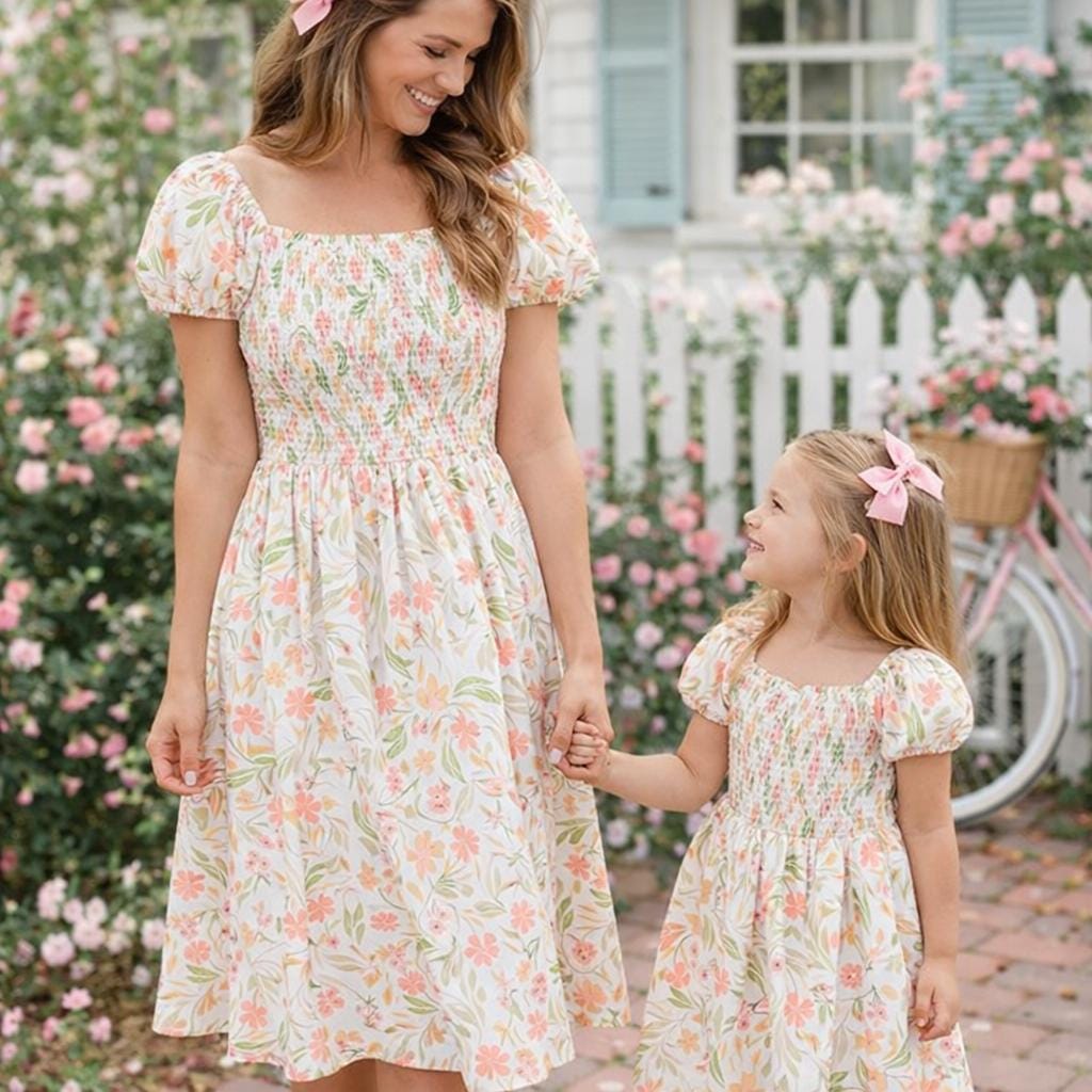 Mom & Me Matching White Floral Dress – Smocked Bodice – Mommy and Me Outfit – Family Photos Dress