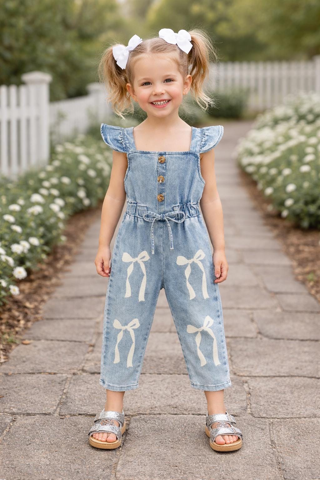 Denim Bow Jumpsuit, Girl's, Toddler, Baby, Tie-Front Denim Romper, Casual Chic One Piece Outfit