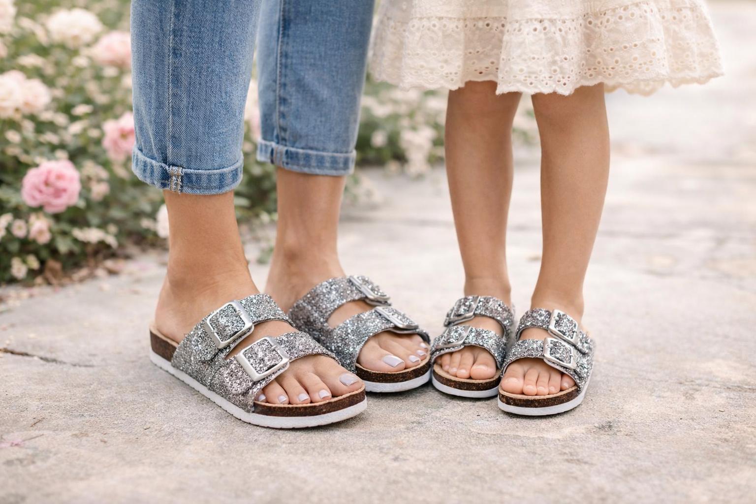 RESTOCKED Mommy & Me Silver Glitter Sandals | Matching Mom and Daughter Shoes | Sparkly Summer Slides