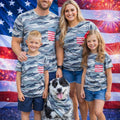 Matching Family & Dog Bandana, Camo American Flag Pocket Tees, Patriotic Pet And Owner Outfits, Military Style Family Matching Tops