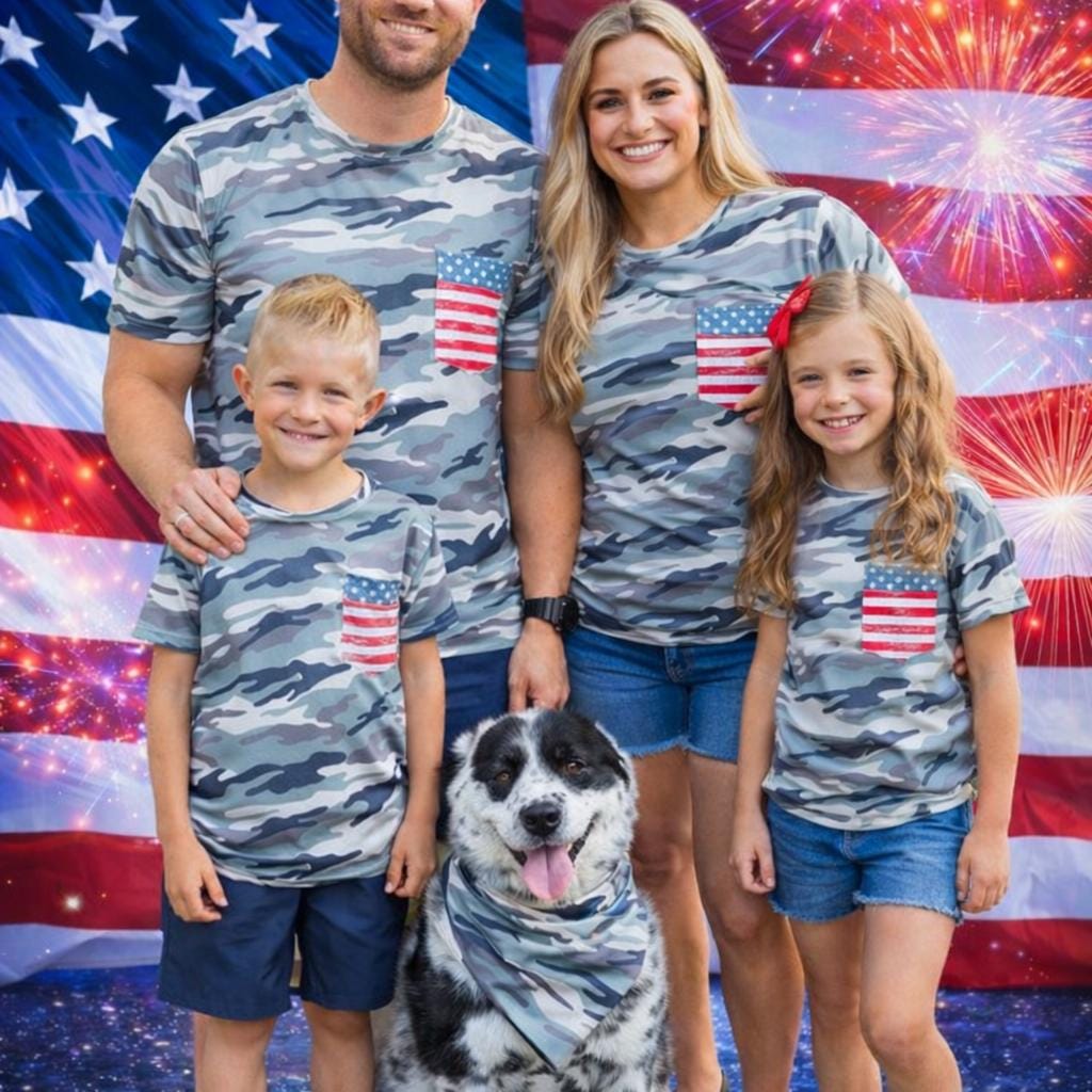 Matching Family & Dog Bandana, Camo American Flag Pocket Tees, Patriotic Pet And Owner Outfits, Military Style Family Matching Tops