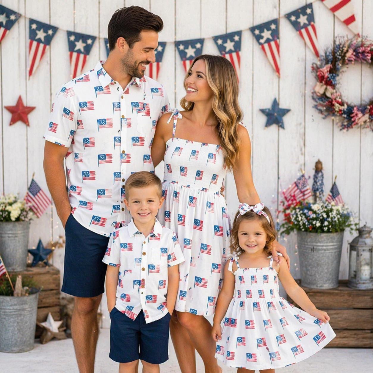 White American Flag Family Set Shirts & Dresses, Matching Patriotic Family Outfits, Minimalist USA Flag Tee, 4th of July Family Matching Set