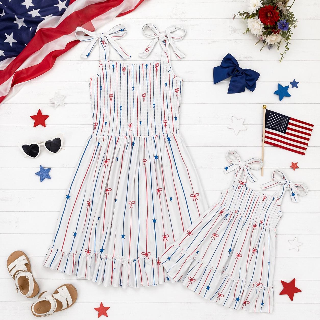 Mom & Me Matching Patriotic Dress, Stars and Bows Stripe Dress, 4th of July Outfit, Memorial Day Dress, Mommy and Me Outfit, USA Flag Dress