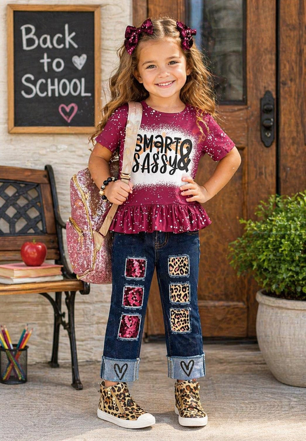 RESTOCKED! Girls/Toddler "Smart & Sassy" Sequin Denim Pant Set, 3T 4T 5 6 7 8 10 12 14 Years, 1st Day Of School, Back To School, Pre-K