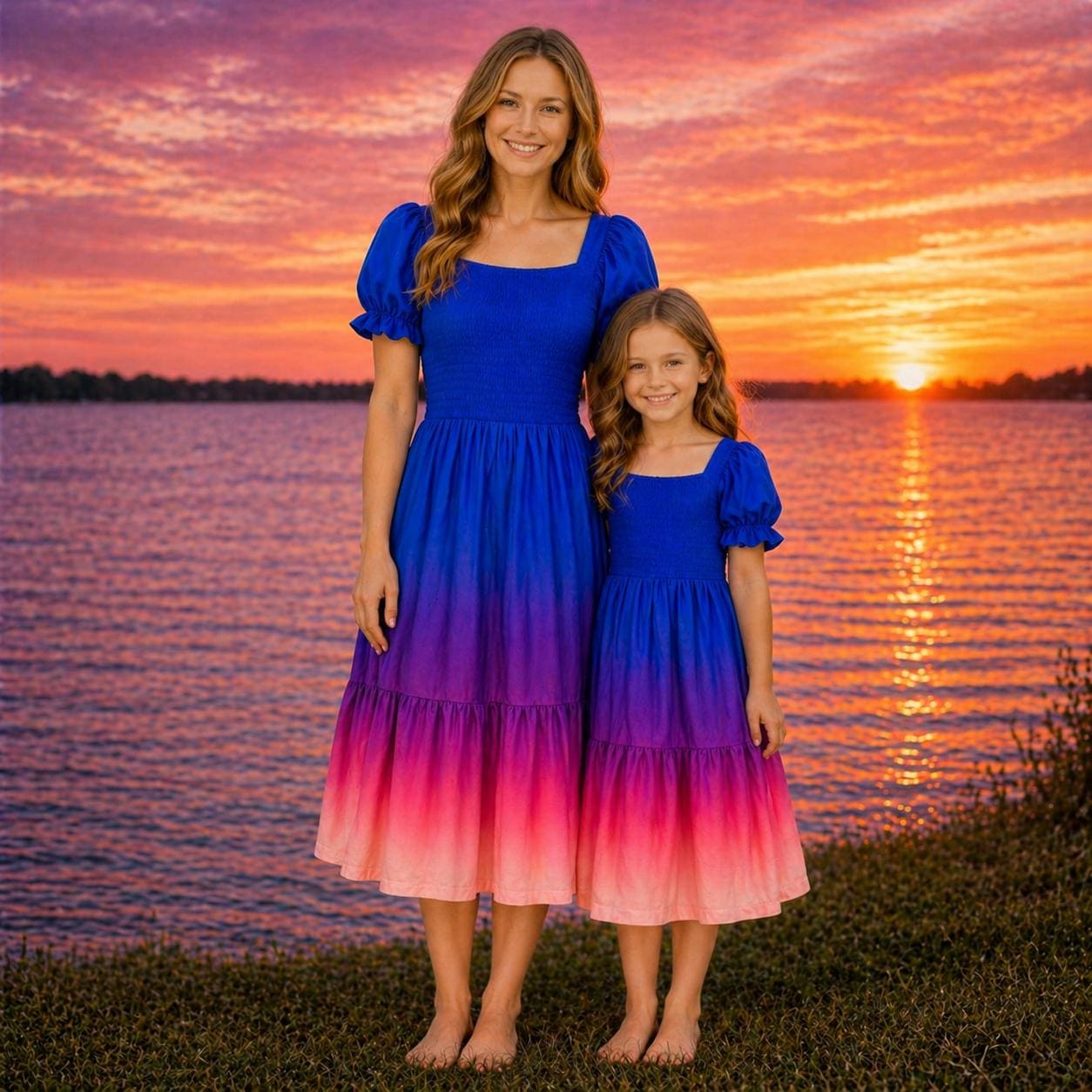 Mommy and Me Matching Dresses, Blue Sunset Ruffle Dress, Mom and Daughter Outfit, Family Photos, Beach Vacation Matching Set