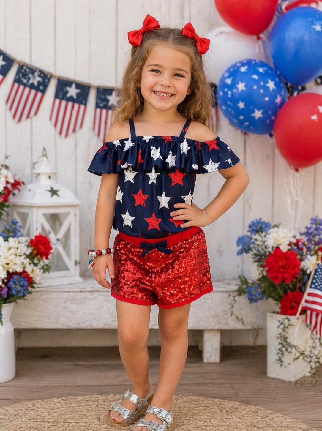Navy & Red Star Sequin Short Set, Patriotic Sparkle Outfit, Festival Two Piece, Fourth of July Outfit, Glitter Star Shorts Set