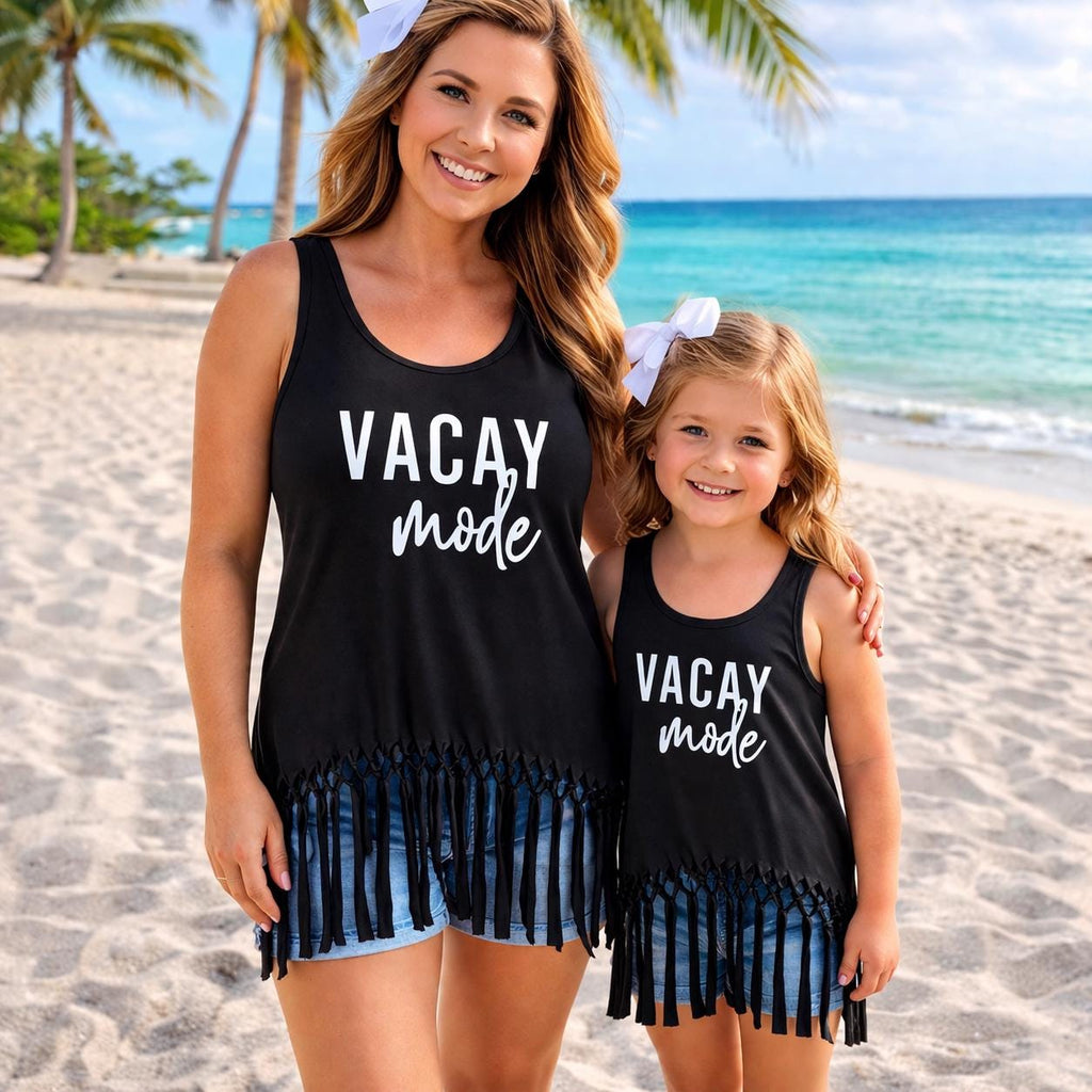 Mommy and Me Matching Vacay Mode Tank Top, Black Swimsuit Cover Up, Mom and Mini Summer Outfit