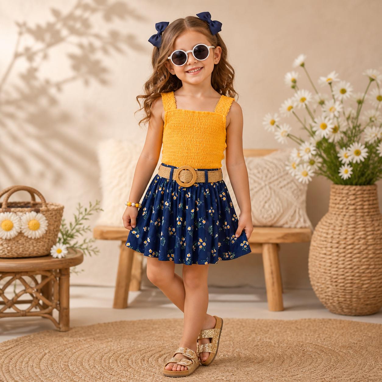 Mustard & Navy Daisy Skirt Set, Vintage Floral Two Piece Outfit, Retro Summer Co-Ord Set, Cottagecore Clothing