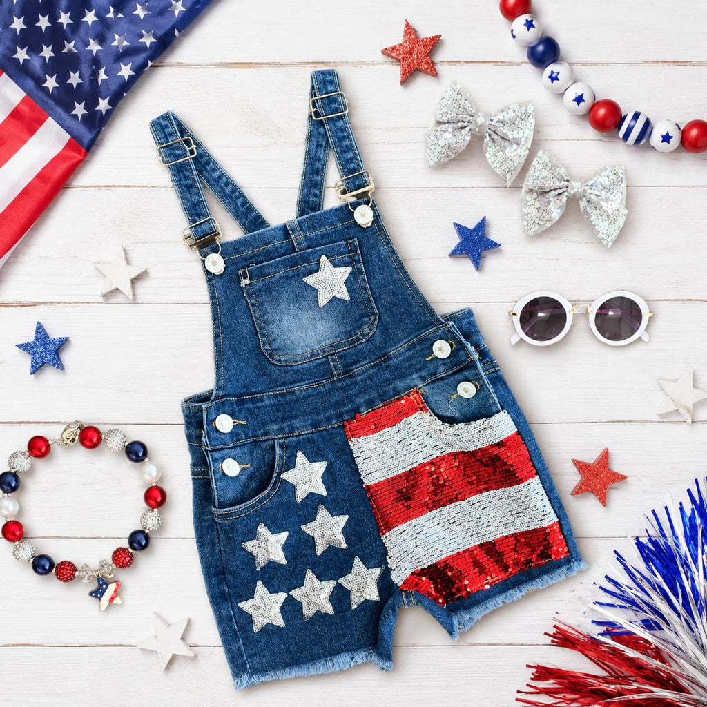 RESTOCKED Girls Stars & Stripes Sequin Denim Overalls | Toddler And Kids 4th of July Outfit | Patriotic USA Shortalls 6M–16Y