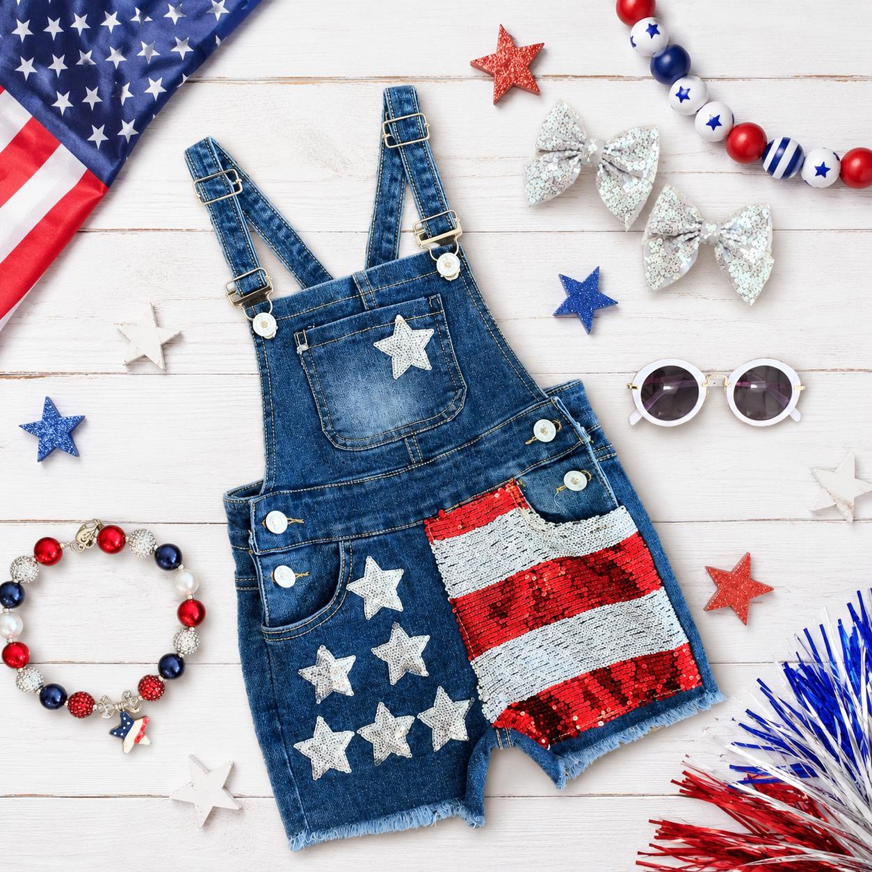 RESTOCKED Girls Stars & Stripes Sequin Denim Overalls | Toddler And Kids 4th of July Outfit | Patriotic USA Shortalls 6M–16Y