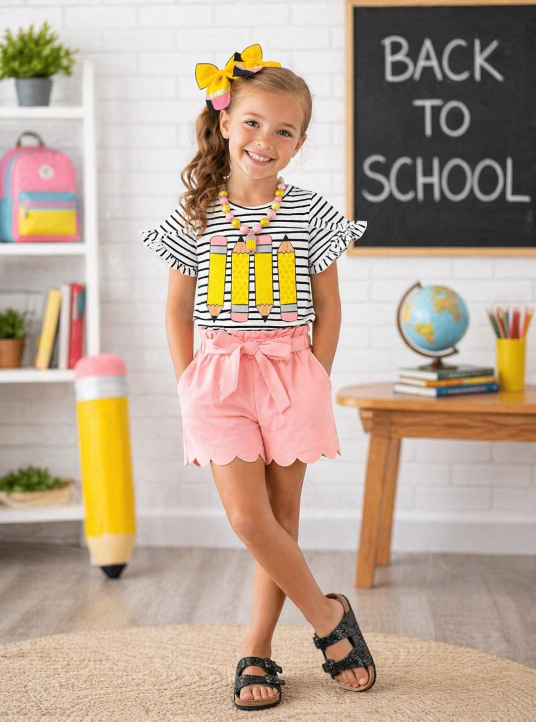 RESTOCKED! Girls Pink Striped Glitter Pencil Short Set, Toddler Back to School Outfit, First Day of School Outfit, Pencil Shirt & Shorts Set