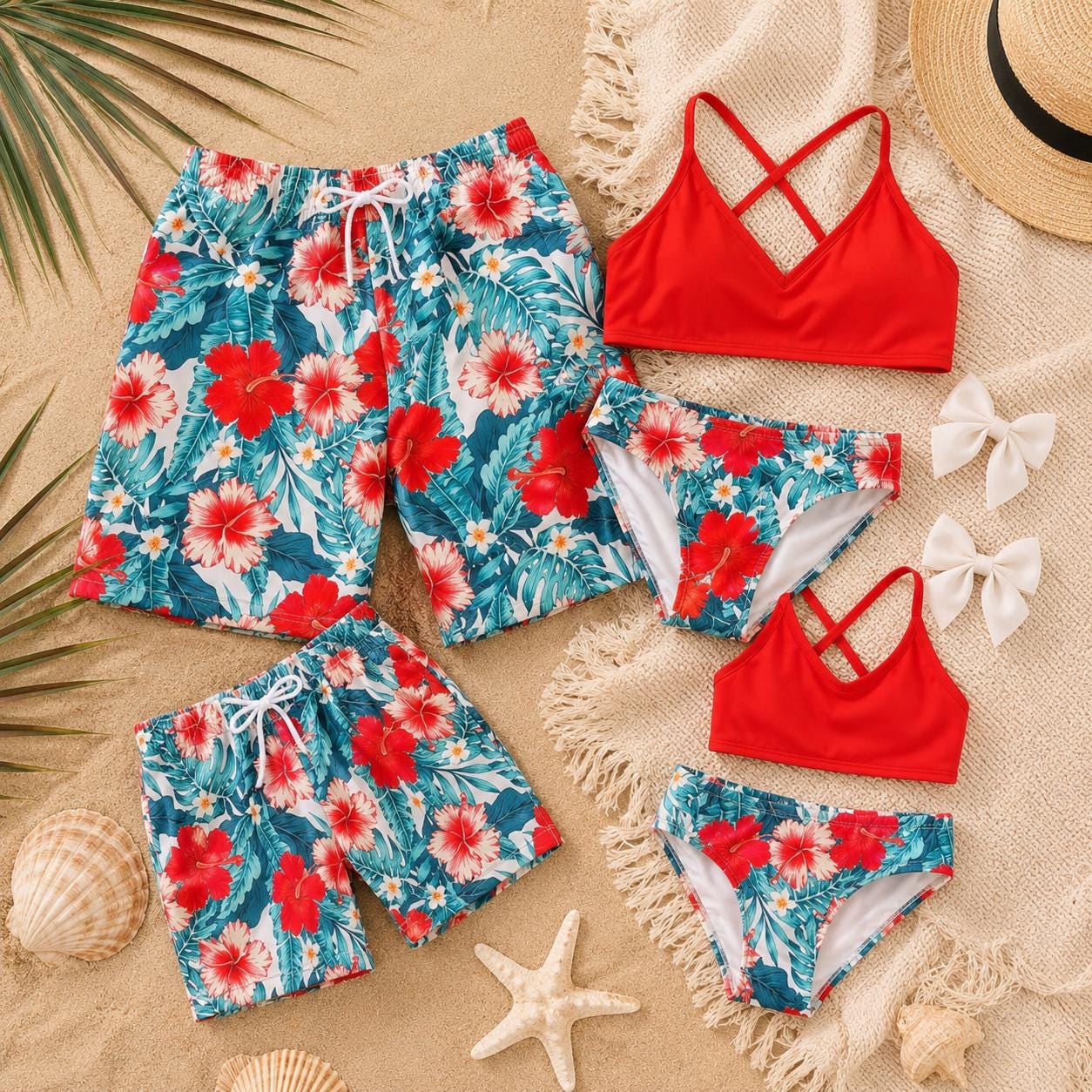 RESTOCKED Mommy & Mini Red Tropical Family Swimsuits | Matching Hibiscus Bathing Suits | Boutique Mommy And Me Swimwear