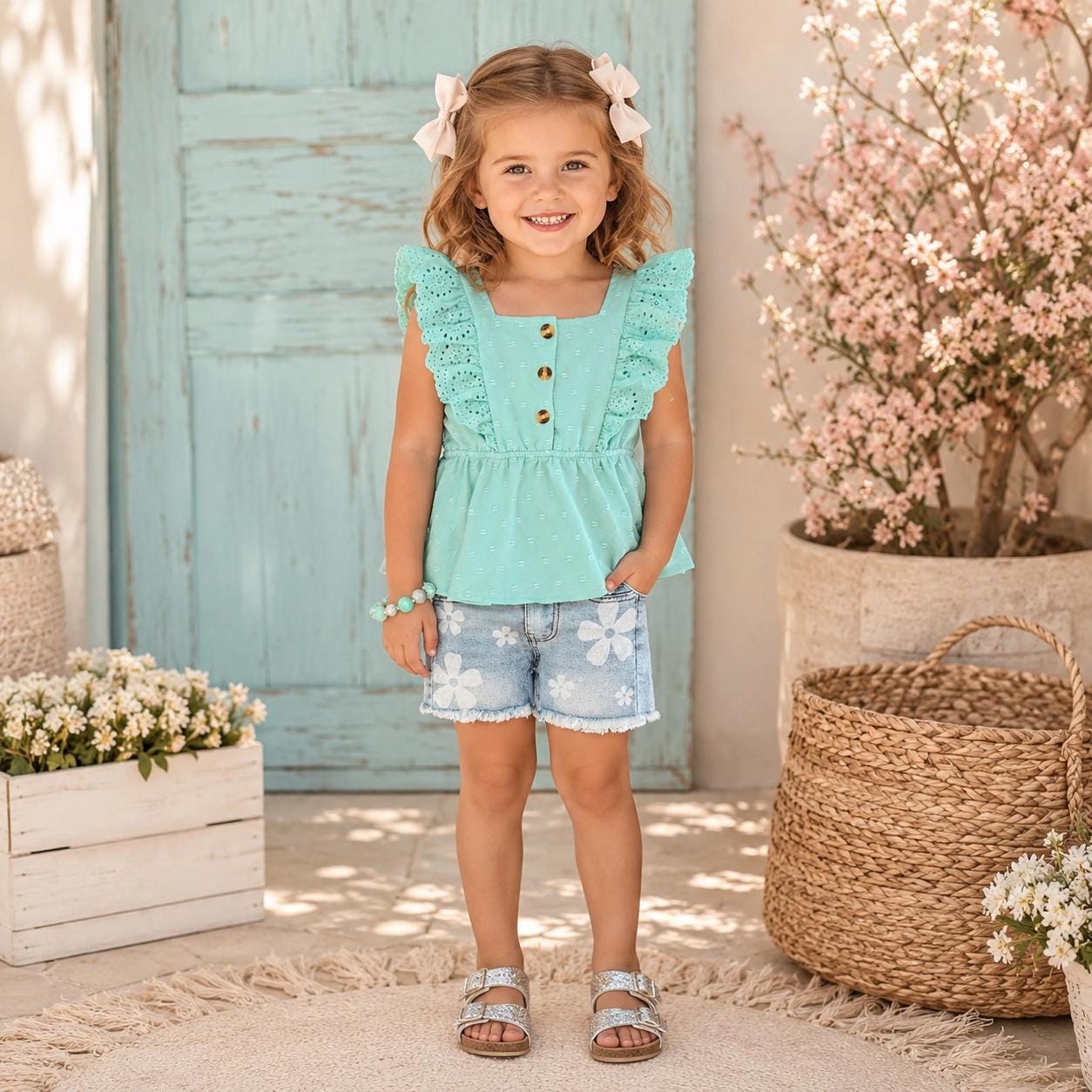 Girls Mint Swiss Dot Denim Short Set | Baby Toddler Summer Outfit | Ruffle Sleeve Top & Jean Shorts
