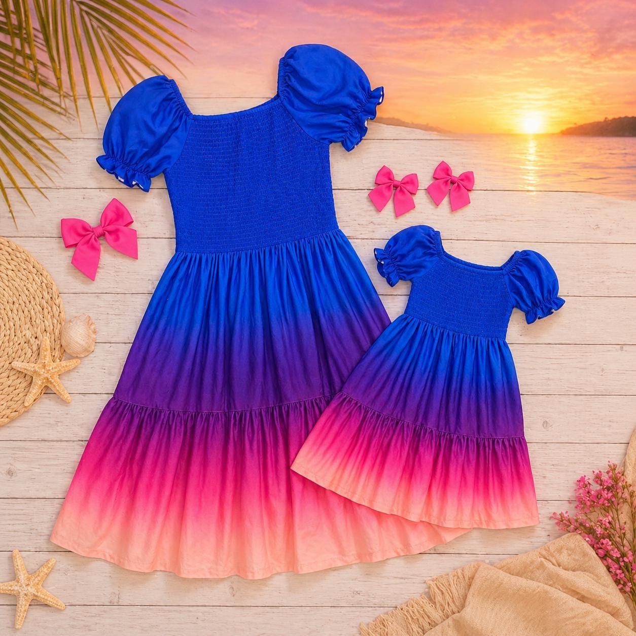 Mommy and Me Matching Dresses, Blue Sunset Ruffle Dress, Mom and Daughter Outfit, Family Photos, Beach Vacation Matching Set