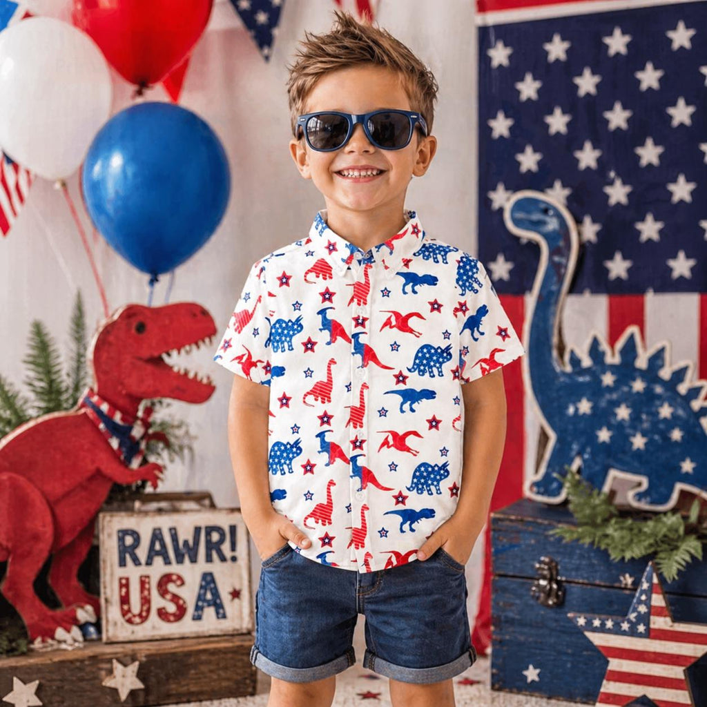 Patriotic Dinosaur Button Down Shirt for Boys | 4th of July Kids Shirt | Red White Blue Dino Outfit | Toddler Baby Sizes 6M–16Y
