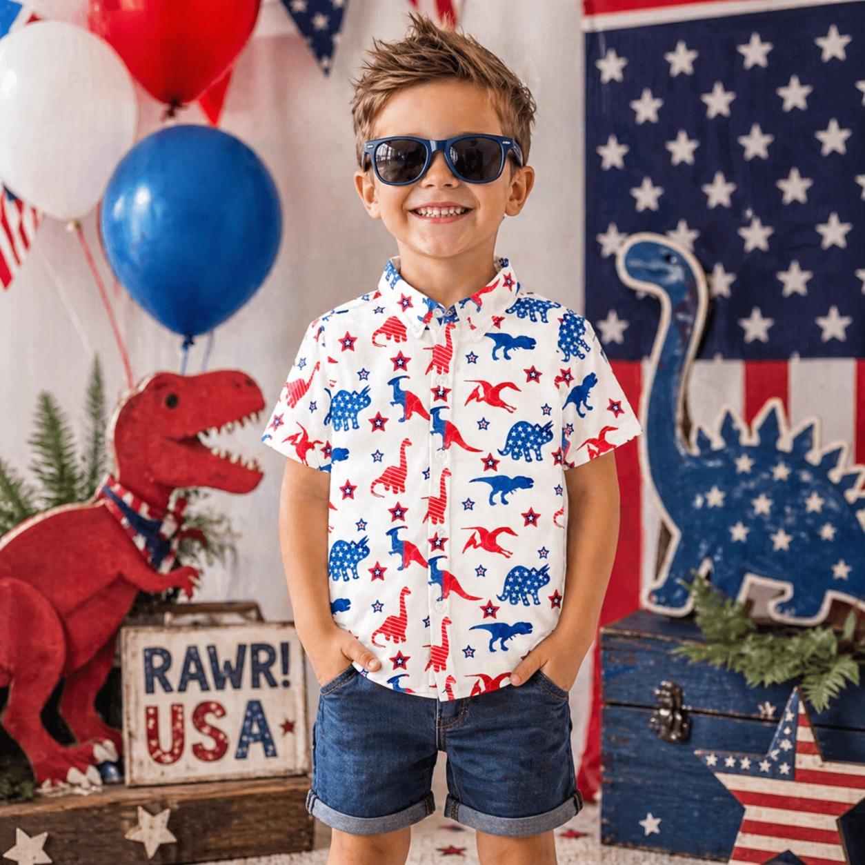 Patriotic Dinosaur Button Down Shirt for Boys | 4th of July Kids Shirt | Red White Blue Dino Outfit | Toddler Baby Sizes 6M–16Y