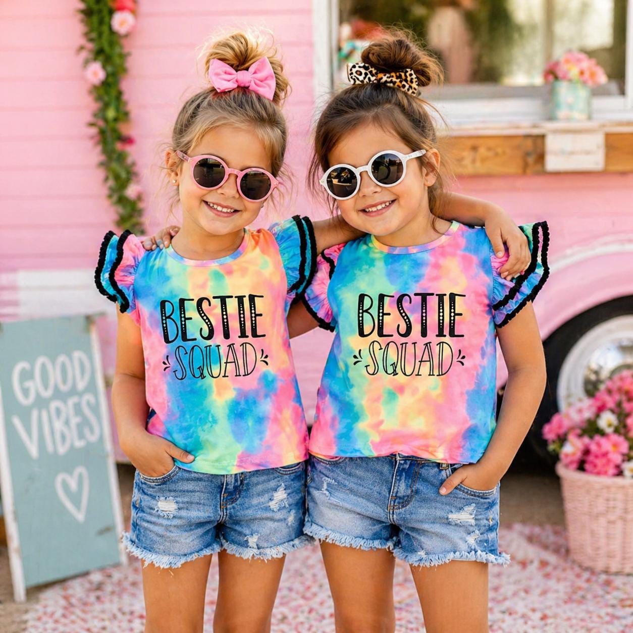Bestie Squad Tie Dye Ruffle Sleeve Top, Matching Friends Shirt, Cute Summer Tee, Girls Trip Outfit
